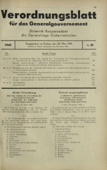 Verordnungsblatt für das Generalgouvernement = Dziennik Rozporządzeń dla Generalnego Gubernatorstwa. 1941, Nr 21 (20 Marz)
