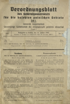 Verordnungsblatt des Generalgouverneurs f&uuml;r die Besetzten Polnischen Gebiete = Dziennik Rozporządzeń Generalnego Gubernatora dla Okupowanych Polskich Obszar&oacute;w. Teil 1, Nr 2 (18 Januar 1940)