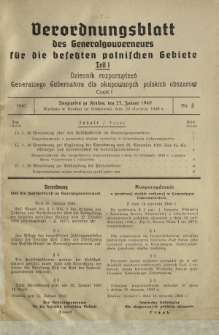 Verordnungsblatt des Generalgouverneurs f&uuml;r die Besetzten Polnischen Gebiete = Dziennik Rozporządzeń Generalnego Gubernatora dla Okupowanych Polskich Obszar&oacute;w. Teil 1, Nr 3 (23 Januar 1940)