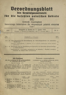 Verordnungsblatt des Generalgouverneurs f&uuml;r die Besetzten Polnischen Gebiete = Dziennik Rozporządzeń Generalnego Gubernatora dla Okupowanych Polskich Obszar&oacute;w. Teil 1, Nr 5 (27 Januar 1940)