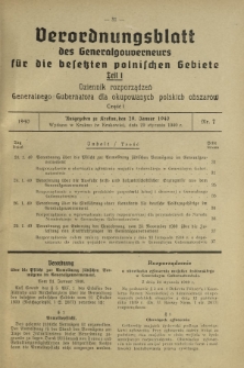 Verordnungsblatt des Generalgouverneurs f&uuml;r die Besetzten Polnischen Gebiete = Dziennik Rozporządzeń Generalnego Gubernatora dla Okupowanych Polskich Obszar&oacute;w. Teil 1, Nr 7 (29 Januar 1940)