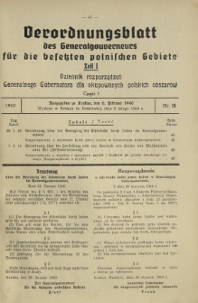 Verordnungsblatt des Generalgouverneurs für die Besetzten Polnischen Gebiete = Dziennik Rozporządzeń Generalnego Gubernatora dla Okupowanych Polskich Obszarów. Teil 1, Nr 10 (6 Februar 1940)