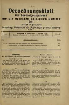 Verordnungsblatt des Generalgouverneurs für die Besetzten Polnischen Gebiete = Dziennik Rozporządzeń Generalnego Gubernatora dla Okupowanych Polskich Obszarów. Teil 1, Nr 11 (12 Februar 1940)