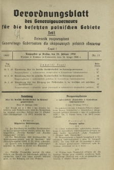 Verordnungsblatt des Generalgouverneurs für die Besetzten Polnischen Gebiete = Dziennik Rozporządzeń Generalnego Gubernatora dla Okupowanych Polskich Obszarów. Teil 1, Nr 13 (24 Februar 1940)