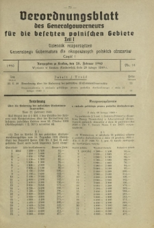 Verordnungsblatt des Generalgouverneurs f&uuml;r die Besetzten Polnischen Gebiete = Dziennik Rozporządzeń Generalnego Gubernatora dla Okupowanych Polskich Obszar&oacute;w. Teil 1, Nr 14 (28 Februar 1940)