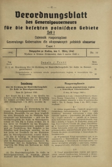 Verordnungsblatt des Generalgouverneurs f&uuml;r die Besetzten Polnischen Gebiete = Dziennik Rozporządzeń Generalnego Gubernatora dla Okupowanych Polskich Obszar&oacute;w. Teil 1, Nr 16 (5 Marz 1940)