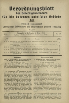 Verordnungsblatt des Generalgouverneurs für die Besetzten Polnischen Gebiete = Dziennik Rozporządzeń Generalnego Gubernatora dla Okupowanych Polskich Obszarów. Teil 1, Nr 17 (6 Marz 1940)