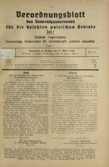 Verordnungsblatt des Generalgouverneurs für die Besetzten Polnischen Gebiete = Dziennik Rozporządzeń Generalnego Gubernatora dla Okupowanych Polskich Obszarów. Teil 1, Nr 19 (14 Marz 1940)