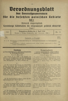 Verordnungsblatt des Generalgouverneurs f&uuml;r die Besetzten Polnischen Gebiete = Dziennik Rozporządzeń Generalnego Gubernatora dla Okupowanych Polskich Obszar&oacute;w. Teil 1, Nr 24 (4 April 1940)