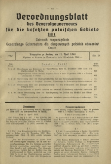 Verordnungsblatt des Generalgouverneurs f&uuml;r die Besetzten Polnischen Gebiete = Dziennik Rozporządzeń Generalnego Gubernatora dla Okupowanych Polskich Obszar&oacute;w. Teil 1, Nr 25 (12 April 1940)
