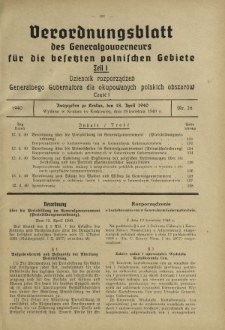 Verordnungsblatt des Generalgouverneurs f&uuml;r die Besetzten Polnischen Gebiete = Dziennik Rozporządzeń Generalnego Gubernatora dla Okupowanych Polskich Obszar&oacute;w. Teil 1, Nr 26 (18 April 1940)