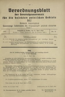 Verordnungsblatt des Generalgouverneurs f&uuml;r die Besetzten Polnischen Gebiete = Dziennik Rozporządzeń Generalnego Gubernatora dla Okupowanych Polskich Obszar&oacute;w. Teil 1, Nr 28 (20 April 1940)