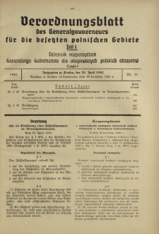 Verordnungsblatt des Generalgouverneurs für die Besetzten Polnischen Gebiete = Dziennik Rozporządzeń Generalnego Gubernatora dla Okupowanych Polskich Obszarów. Teil 1, Nr 34 (30 April 1940)
