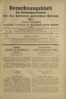 Verordnungsblatt des Generalgouverneurs für die Besetzten Polnischen Gebiete = Dziennik Rozporządzeń Generalnego Gubernatora dla Okupowanych Polskich Obszarów. Teil 1, Nr 36 (8 Mai 1940)