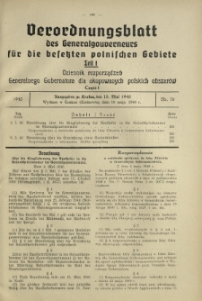 Verordnungsblatt des Generalgouverneurs für die Besetzten Polnischen Gebiete = Dziennik Rozporządzeń Generalnego Gubernatora dla Okupowanych Polskich Obszarów. Teil 1, Nr 38 (10 Mai 1940)