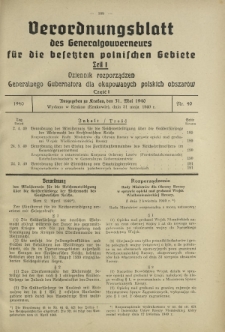 Verordnungsblatt des Generalgouverneurs für die Besetzten Polnischen Gebiete = Dziennik Rozporządzeń Generalnego Gubernatora dla Okupowanych Polskich Obszarów. Teil 1, Nr 40 (31 Mai 1940)