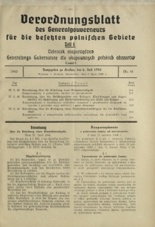 Verordnungsblatt des Generalgouverneurs für die Besetzten Polnischen Gebiete = Dziennik Rozporządzeń Generalnego Gubernatora dla Okupowanych Polskich Obszarów. Teil 1, Nr 44 (6 Juli 1940)
