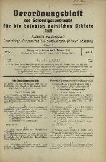 Verordnungsblatt des Generalgouverneurs für die Besetzten Polnischen Gebiete = Dziennik Rozporządzeń Generalnego Gubernatora dla Okupowanych Polskich Obszarów. Teil 2, Nr 8 (9 Februar 1940)