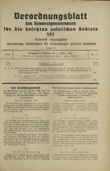Verordnungsblatt des Generalgouverneurs für die Besetzten Polnischen Gebiete = Dziennik Rozporządzeń Generalnego Gubernatora dla Okupowanych Polskich Obszarów. Teil 2, Nr 15 (1 Marz 1940)