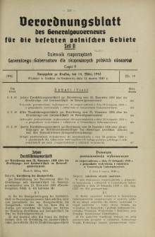 Verordnungsblatt des Generalgouverneurs für die Besetzten Polnischen Gebiete = Dziennik Rozporządzeń Generalnego Gubernatora dla Okupowanych Polskich Obszarów. Teil 2, Nr 19 (14 Marz 1940)