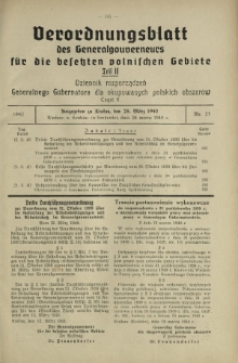 Verordnungsblatt des Generalgouverneurs für die Besetzten Polnischen Gebiete = Dziennik Rozporządzeń Generalnego Gubernatora dla Okupowanych Polskich Obszarów. Teil 2, Nr 23 (28 Marz 1940)