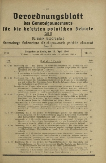 Verordnungsblatt des Generalgouverneurs für die Besetzten Polnischen Gebiete = Dziennik Rozporządzeń Generalnego Gubernatora dla Okupowanych Polskich Obszarów. Teil 2, Nr 28 (19 April 1940)