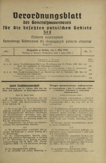 Verordnungsblatt des Generalgouverneurs für die Besetzten Polnischen Gebiete = Dziennik Rozporządzeń Generalnego Gubernatora dla Okupowanych Polskich Obszarów. Teil 2, Nr 32 (1 Mai 1940)