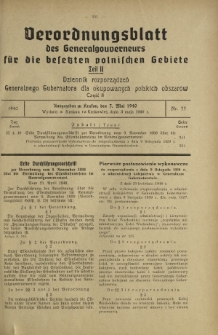 Verordnungsblatt des Generalgouverneurs für die Besetzten Polnischen Gebiete = Dziennik Rozporządzeń Generalnego Gubernatora dla Okupowanych Polskich Obszarów. Teil 2, Nr 33 (3 Mai 1940)
