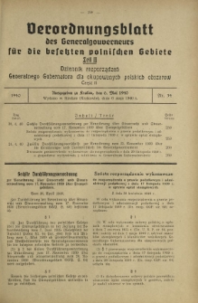 Verordnungsblatt des Generalgouverneurs für die Besetzten Polnischen Gebiete = Dziennik Rozporządzeń Generalnego Gubernatora dla Okupowanych Polskich Obszarów. Teil 2, Nr 34 (6 Mai 1940)