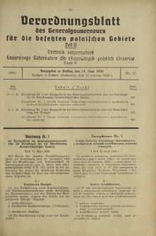 Verordnungsblatt des Generalgouverneurs für die Besetzten Polnischen Gebiete = Dziennik Rozporządzeń Generalnego Gubernatora dla Okupowanych Polskich Obszarów. Teil 2, Nr 42 (14 Juni 1940)