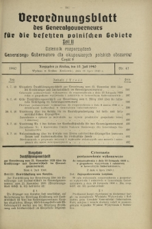 Verordnungsblatt des Generalgouverneurs für die Besetzten Polnischen Gebiete = Dziennik Rozporządzeń Generalnego Gubernatora dla Okupowanych Polskich Obszarów. Teil 2, Nr 47 (10 Juli 1940)