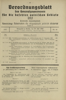 Verordnungsblatt des Generalgouverneurs für die Besetzten Polnischen Gebiete = Dziennik Rozporządzeń Generalnego Gubernatora dla Okupowanych Polskich Obszarów. Teil 2, Nr 48 (29 Juli 1940)