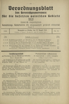 Verordnungsblatt des Generalgouverneurs für die Besetzten Polnischen Gebiete = Dziennik Rozporządzeń Generalnego Gubernatora dla Okupowanych Polskich Obszarów. Teil 2, Nr 50 (15 August 1940)