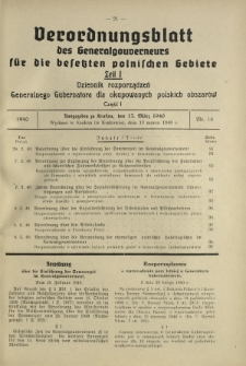 Verordnungsblatt des Generalgouverneurs für die Besetzten Polnischen Gebiete = Dziennik Rozporządzeń Generalnego Gubernatora dla Okupowanych Polskich Obszarów. Teil 1, Nr 18 (13 Marz 1940)