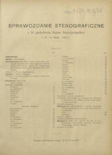 Sprawozdanie Stenograficzne z 16 Posiedzenia Sejmu Rzeczypospolitej z dnia 16 lutego 1923 r. (I Kadencja 1922-1927)