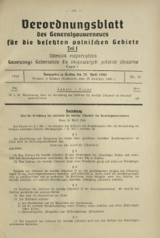 Verordnungsblatt des Generalgouverneurs f&uuml;r die Besetzten Polnischen Gebiete = Dziennik Rozporządzeń Generalnego Gubernatora dla Okupowanych Polskich Obszar&oacute;w. Teil 1, Nr 30 (20 April 1940)